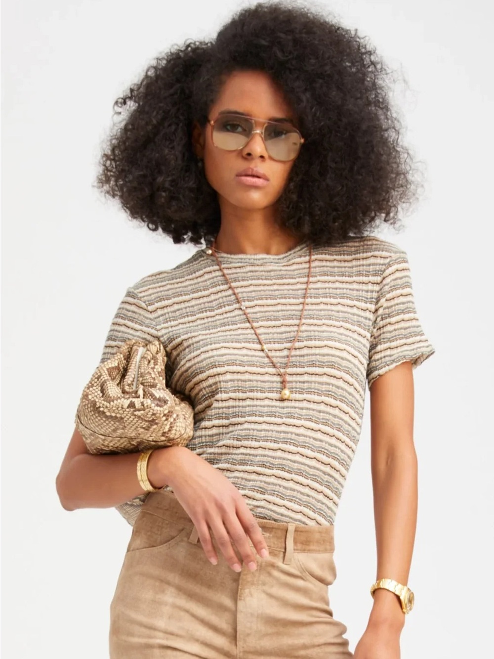 SPRWMN Rib Baby Tee Truffle Striped Pointelle - Medium
